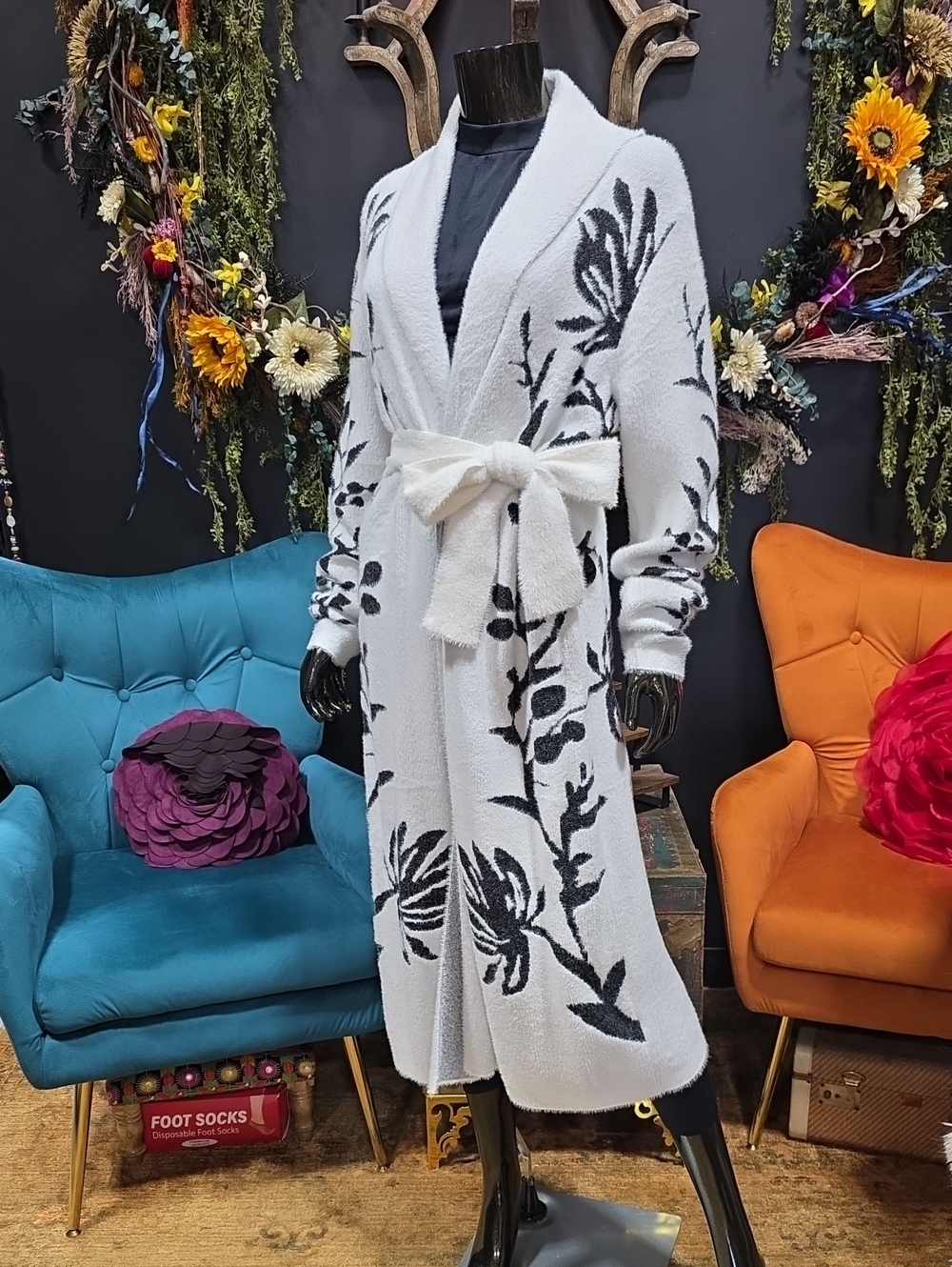 Belldini White Long Floral Tie-Belt Cardigan with Black Motif